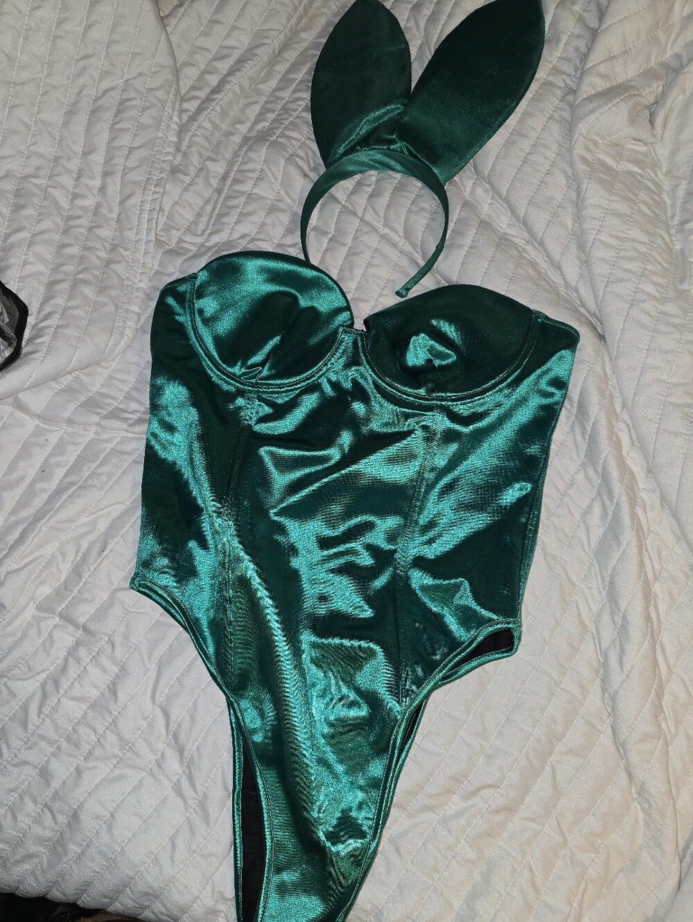 PLAYBOY Emerald Green Satin Bunny Bodysuit with Ears